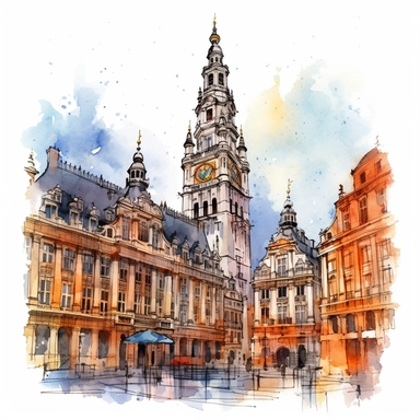 a Belgium Grand Place, Brussels in the style of watercolour clipart with detailed brush strokes