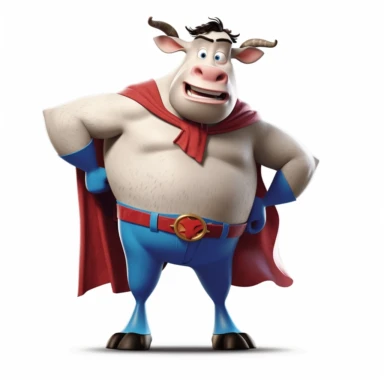 a cow dressed as superman, big muscles, full body image, pixar style, clipart