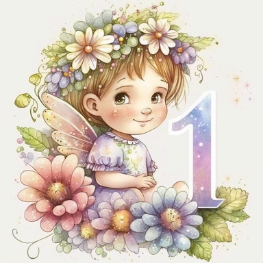 cute fairy and the Number 1, flowers, sparkles, cute, joy, watercolour, clipart