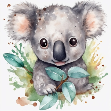 The most cutest cartoon baby koala with big open eyes, clipart, watercolor, dream art, baby animals, vector art, children art, particles around the object, children cartoon, sticker art design, white background,