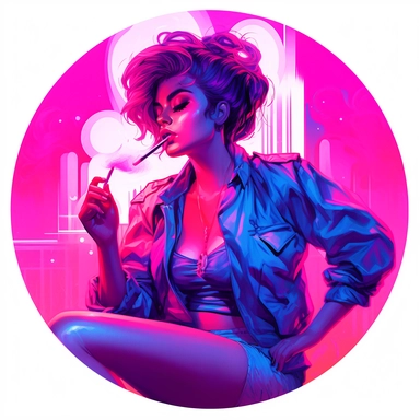 synthwave-styled bussiness woman getting her cigarette light up by someone , full-body , watercolor , in the style of dan mumford, light magenta, tropical symbolism, cute and colorful, transparent layers, rounded, vibrant and colorful, clipart, white background, high detail, individual elements