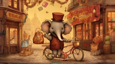 A whimsical chibi-style illustration showing a dapper elephant, trunk swinging in rhythm as he rides an antiquated, large-wheel bicycle. The tuba he carries lets out melodious notes, adding to the jubilant ambiance. The backdrop, a cheerful vintage townscape with cobblestone streets and quaint houses, adds to the storybook charm. Created digitally with a Wacom Cintiq Pro using Clip Studio Paint, utilizing watercolor and pencil brushes for a warm, hand-drawn look