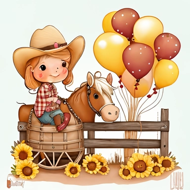 cute cartoon drawing, a garland of balloons ,pastel cute little Cowboys Clipart, sweet little girl Cowgirl Clipart, Cowboy Clip Art, Wild West Clipart, Sheriff Clipart, Western Clipart, Western Cowboy, sunflowers, a wooden cart, cute horse riding , wooden