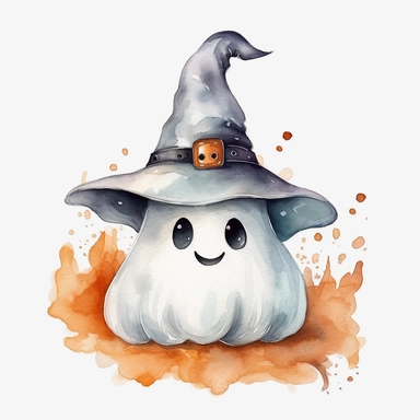 vector watercolor cute Halloween ghost wearing witch hat clipart, cute Halloween ghost in witch hat vector on white, photorealistic, on white background, no background