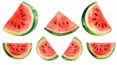 semi photorealistic outlined watercolor illustration, clipart elements, collection [watermelon fruit] cozy elements, detailed, pastels, beige, spaced, isolated white background, 8k,