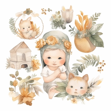 Clipart watercolor, newborn , cute boho neutral colors ,all doing different actions for children separate drawings on a white background with a margin, drawing with watercolors , thing related to newborn, neutral colors, minimalistic, adorable, shabby chic ,baby nursery