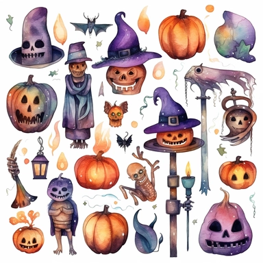 Watercolor line art, halloween themed items , illustrations clipart set, simple, halloween colors , cartoon elements, different variants , skeletons, pumpkins,broom, witch hat, candies, bats,lanterns, , modern art, separate elements with a margin