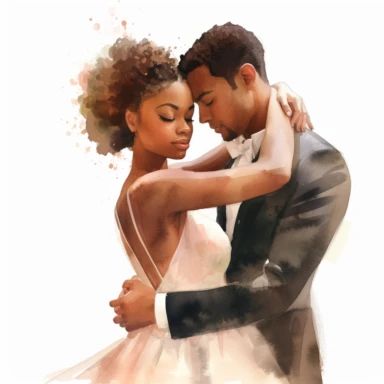 Ebony-skinned bride and brown-skinned groom, sharing a warm embrace, loving and peaceful, watercolor, Pixar style, Clipart on a white background.