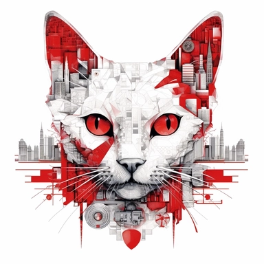 cat, Red eyes, collage quirky cool collage city, Felis catus clipart, white contour, detailed, clean line, hd, on white background, spaced out