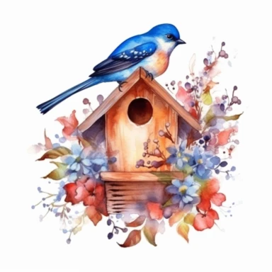 vector clipart, isolated on white background, beautiful lovely Watercolor Spring wooden bird house hanging on the tree with blue berries, ornated, vivid and saturated colors
