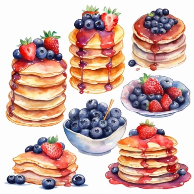 6 watercolor pancakes clipart, hd, isolated on white background, spaced out, strawberries, blueberries,