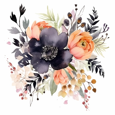 watercolor, handpainted black boho floral clipart, transparent background, spaced out--ar 3:2