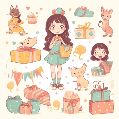 isolated collection of images of birthday girl party enchanting designs, cute, clipart, vector, svg, flat image, sticker