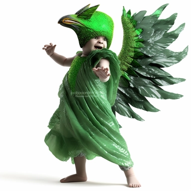 green baby girl Godzilla, looks like an alien, doing high step dance moves, wearing a designer dress made from Phoenix feathers , ultra high fashion, wearing ruby neck scarf, techno lighting, disney cuteness, plain white background, cutout clipart
