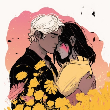 Dreamlike hyper realistic illustration of a couple in love embracing. The man has black hair. The girl is has white hair. In a field of pink and yellow flowers. Flat colors, simple lines, gorgeous lighting, graphic novel style, 2d painting, ink painting style, digital art, childrens character design, happy mood, pixar style cartoon, line work, minimalist, watercolor, 8k, PNG, clipart on white background, sticker style, studio ghibli vibe, studio ghibli style