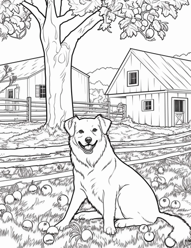 Country Farm Coloring Book for adults, black and white, Farm dog resting under a shady tree, clipart, illustration, line art, thick outline, black outline and white fill,