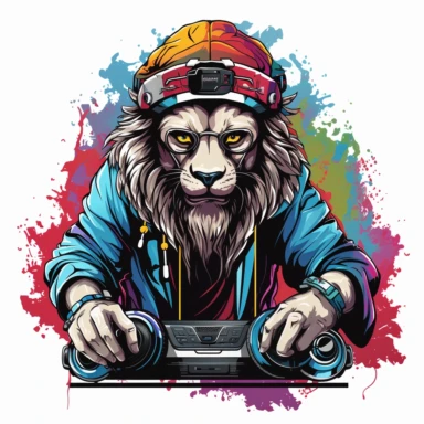 lion dj clipart vector, white background