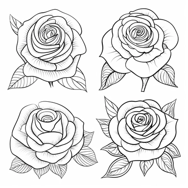 Set of 4 roses, coloring page, clip art, coloring book for adults, simple lines, clean lines, line art style, flat,, bold lines, 2D, black and white, symmetrical