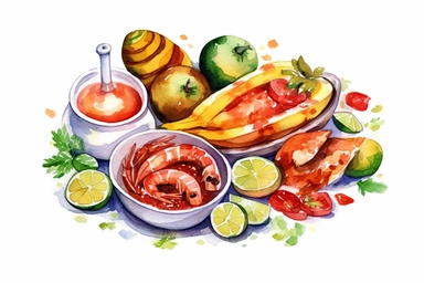 Watercolor, Cuban, Hispanic cuisine, clipart, hd, on a white background, spaced out