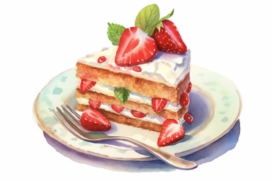 picturesque,a bright simple strawberry sponge cake on dish in family restaurant, mint, clipart on white background, watercolor style,detailing, high quality, painted by Beatrix Potter, 8k