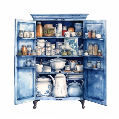 watercolor, hyper realistic, white background, white margins, 16k, ultra detailed clipart, cut out image, hand-drawn vintage blue cupboard with a worn finish, holding a collection of vintage enamelware and tinware.