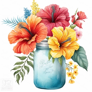 [4147667265] Watercolor clipart. A whimsical watercolor painting capturing the charm of a hibiscus bouquet, the blooms depicted with intricate brushwork in hues of coral, cerulean, and sunflower yellow, arranged in a vintage jar.. White background. No text. No caption. No logo
