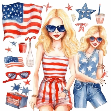 watercolor illustration, cute 1st of July clipart, detailed doodle, white background, doodle clipart USA , highest resolution