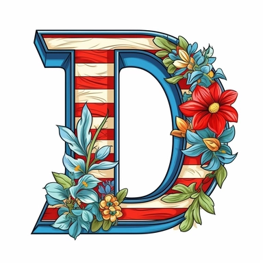 isolated flat clipart on a white background of a cute letter D on a blue background and red horizontal stripes tshirt design graphic, in the style of daniel f. gerhartz, transcendent, nikon d850, art of burma, captures the essence of nature, in the style of organic forms and patterns, expansive skies, hyper-detailed illustrations, i can't believe how beautiful this is, lively colors