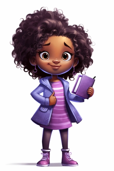 3d style, 4 year old cartoon Pretty children, cute cartoon black girl with curly hair, wearing purple dress and jacket, smiling with her arms crossed. Pixar childrens book cartoon style, detailed, modern, urban, watercolor, full color, flat color, black background, children book illustration. Watercolor clipart. Pixar animation