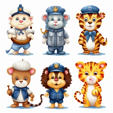 nautical, jungle baby animals dressed as sailors, clipart, cartoon, white background, children cartoon, sailor, sea, red, blue and white, lion, jiraffe, monkey, tiger, elephant, leopard, gorilla, zebra, real animals