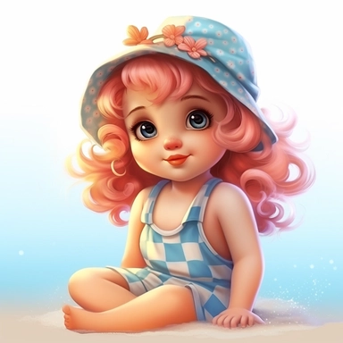 clipart of super cute baby girl in the beach white background charming anime characters style Thomas Kinkade Nadja Baxter Anne Stokes Nancy Noel