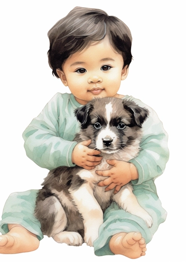 a cute retro vintage Asian infant baby boy with a puppy. Color pencil sketch, soft baby colors, on a white background for clipart.