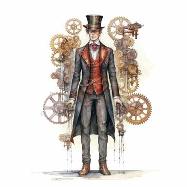steampunk victorian prototype, full body, watercolor, gears, pinions, calipers, clocks, rivets, top hat, clipart, duo tone, realistic, ultra resolution, vivid detail, 8k, minimal watercolors, white background