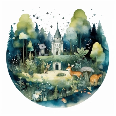 Enchanted Forest watercolor hyperdetailed ultra realistic clipart featuring a magical forest with talking animals and sparkling fairy dust , style of Anna Süßbauer and Jon Klassen,cinematic,Photography,Vector,Solid Background , masterpiece, trending on Artstation and Dribbble.--ar 3:2