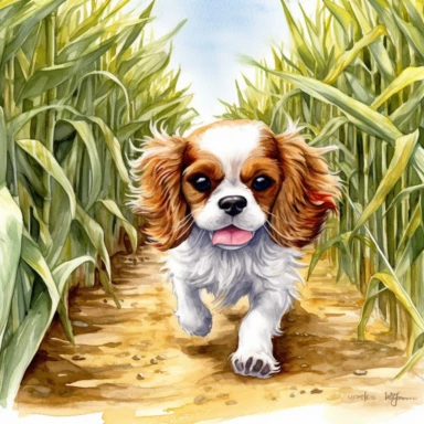 create a beautiful original high quality highly detailed watercolor clipart image of a very small happy and adorable king charles cavalier puppy running through a corn maze with a smile, include high detail to the puppys fur and eyes, include detail to the corn maze, white background, no text, no font, no words