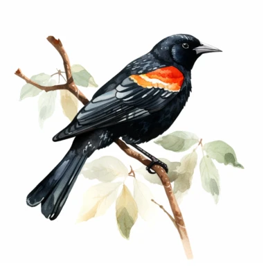 a single watercolor Red-winged Blackbird sitting on a leafy branch clipart, hd, white background, spaced out