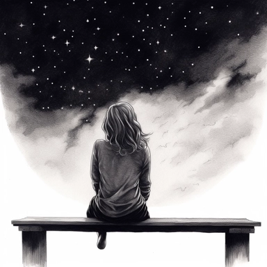 black pencil illustration of a girl watching the night sky, clipart, white background.