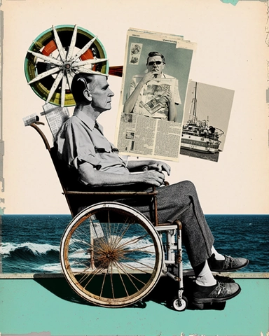man from the 1950s, 30 year old man, mixed media, sitting in wheel chair, cruise ship, ocean, collage, arts and crafts, mixed media, music, magaine style, retro, vintage, surreal, newspaper clippings, layered collage, scrapbooking, 8k, collage, scrapbook, photography