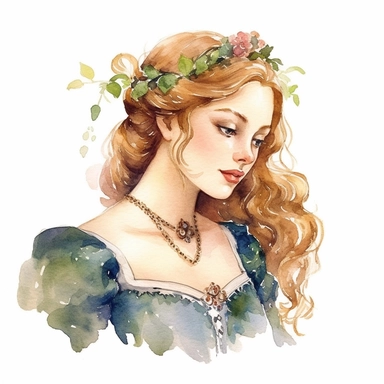 Imagine a watercolor clipart that captures the charm and elegance of a medieval young lady of high nobility. In this prompt, the view will be a side view, emphasizing her facial features and upper body. The young lady will be adorned in a beautifully crafted gown that signifies her noble status. The watercolor medium will bring out the rich textures and intricate details of the fabric, highlighting its opulence. The colors chosen will reflect the period, such as deep blues, rich purples, or eart