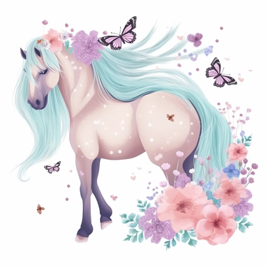 A horse clipart design for girls with a soft and girly color palette of pastel colors like pink, purple and blue to create a dreamy atmosphere. The horse itself is majestic and has a long flowing tail and mane that move in the wind. Flowers and butterflies surround the horse and give the design a romantic touch