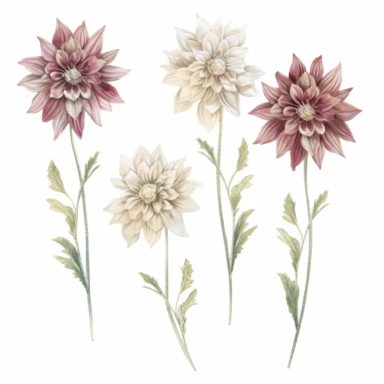 Design a dreamy watercolor clipart of Dahlia bouquets with greenery tied with lace, with soft and graceful brushstrokes in a delicate color palette of Burgundy, dusty blue, and ivory. Infuse the artistic style of Serenity Blooms Watercolors for a serene and calming depiction. isolated on a white background, 8k uhd, designed by Ana Victoria Calderon and Holly Exley,