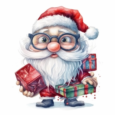 santa laugh and cute big eyes wear big glasses, carrying a gift box, cute funny laugh detailed digital art, whimsical and cute, cute detailed artwork, glimmering, adorable and whimsical, whimsical art, watercolor Clipart style