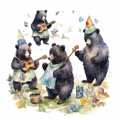 multiple poses characters of Black Bear enjoy with party in the garden, watercolor in medieval cartoon grunge style clipart on white background