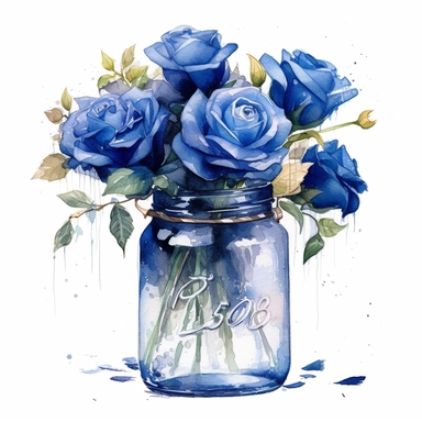 A watercolor painting of blue roses in a jar, in the style of nostalgic illustration, graceful, illustration, transparent layers, elegant, emotive faces Sublimation Clipart,hyper realistic, intricate detail, illustration style,high solution,on the white background