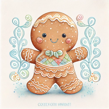 A watercolor painting of cute christmas gingerbread man, christmas gingerbread man, christmas gingerbread, cute detailed digital art, inspired by nicoletta ceccoli, by Kubisi art, whimsical and cute, by nicoletta ceccoli, cute detailed artwork, glimmering, adorable and whimsical, whimsical art, Clipart style, png style, svg style, blank white background, a solid white background