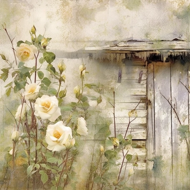 white roses climbing on a old barn, muted grasses at the bottom, clipart, page border style, soft and hazy watercolor, white background, vintage--q2