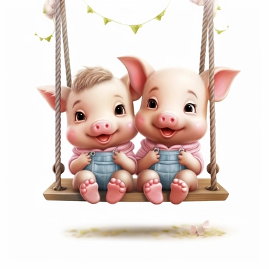 Cute Beautiful Happy Face Couple Baby Pig sit on a swing Sublimation Clipart ,Cartoon,hyper realistic, intricate detail, illustration style,high solution,on the white background
