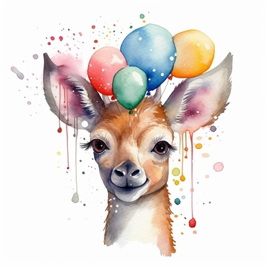 please create watercolor clipart of a DEER smiling, wearing party BALOONS AND GUM and bubbles, colorful, WHITE BACKGROUND