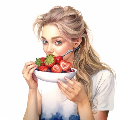 Commercial shot of ultra - realistic watercolor painting of a floral portrait of cute country cottagecore e girl eating delicious strawberry clipart, aesthetic, good looking food, delicious, yummy, foodie, healthy, white background no text, isolated on wh
