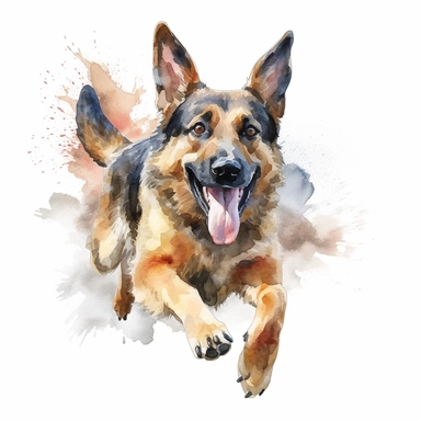 an energetic watercolor clipart image of a German Shepherd with a white background, leaping or running with their tongue out, full body